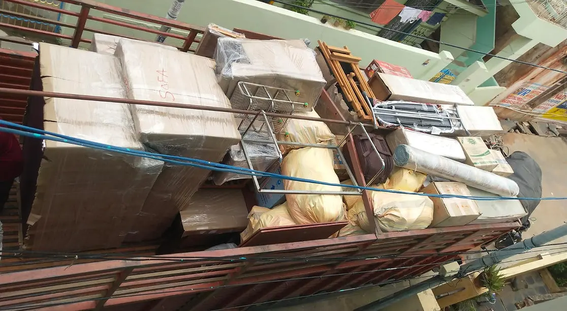 Truck loaded with packed household goods